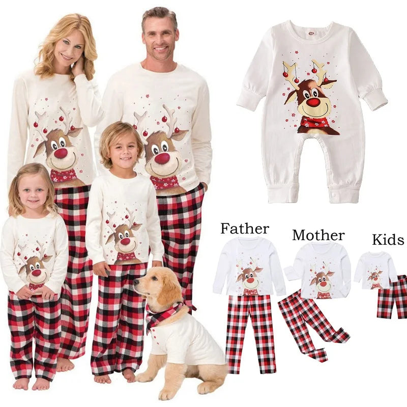 Reindeer Morning Family Christmas Pyjama Set - family in white reindeer tops and red plaid trousers