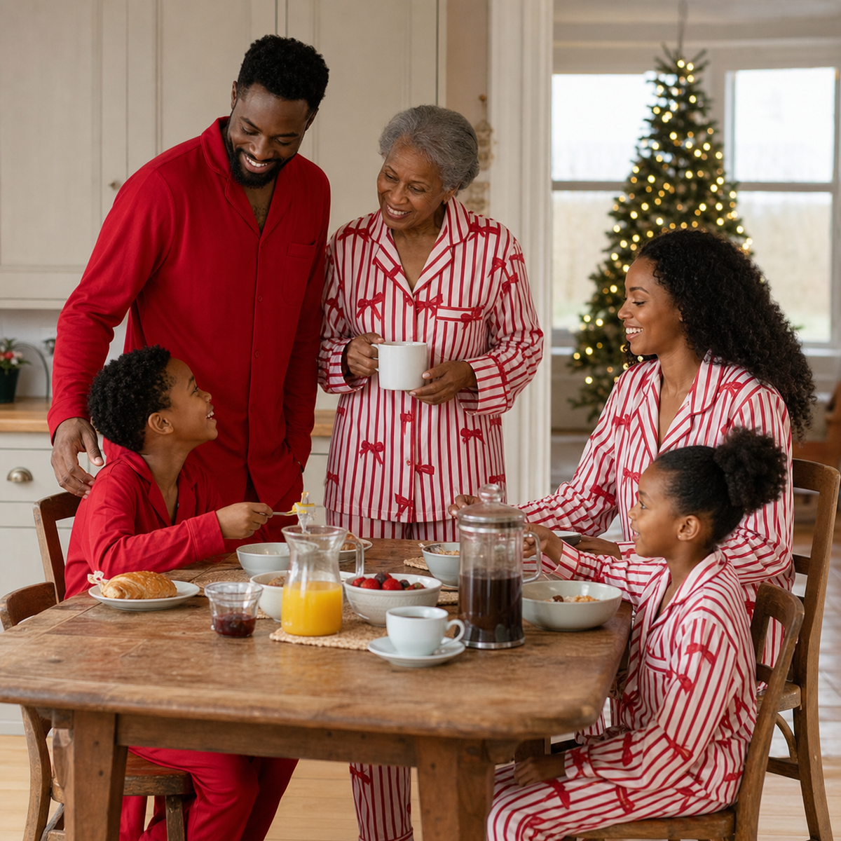 Black British multigenerational family wearing Crimson Ribbon matching Christmas pyjamas at breakfast