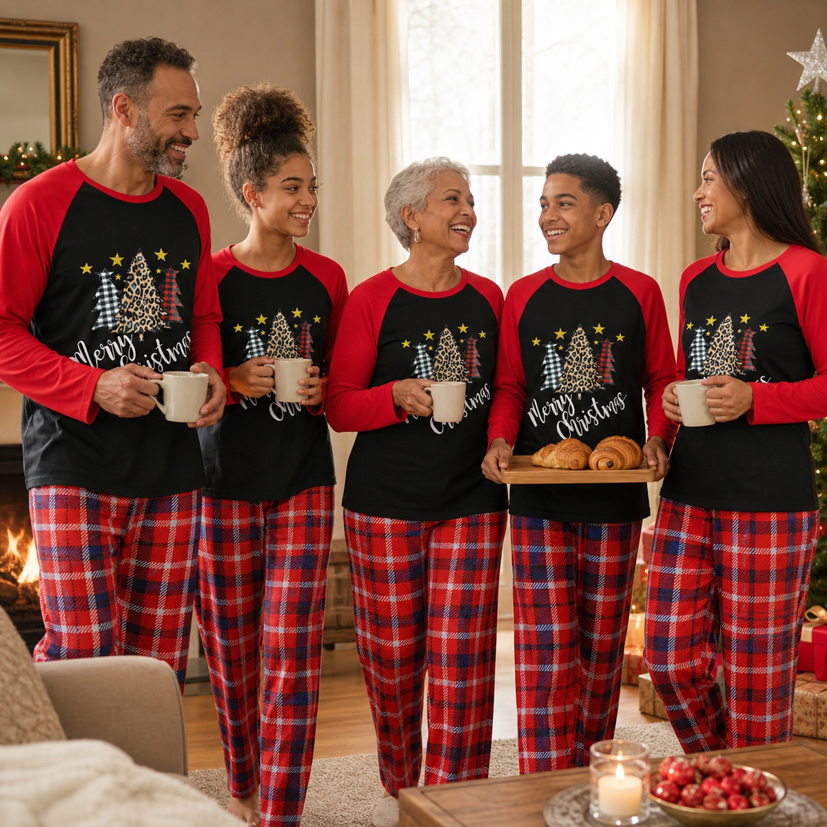 Mixed heritage British family wearing midnight Fir and Tartan matching Christmas pyjamas