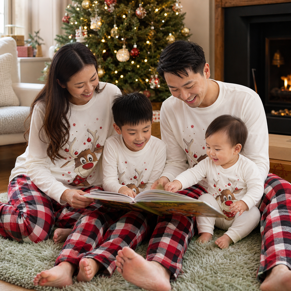 East Asian British family wearing Reindeer Morning matching Christmas pyjamas while reading