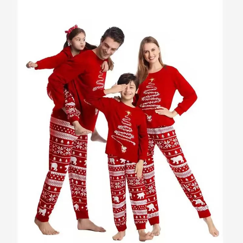Starlit Spruce Family Christmas Pyjama Set - matching family tree-print pyjamas in midnight and scarlet