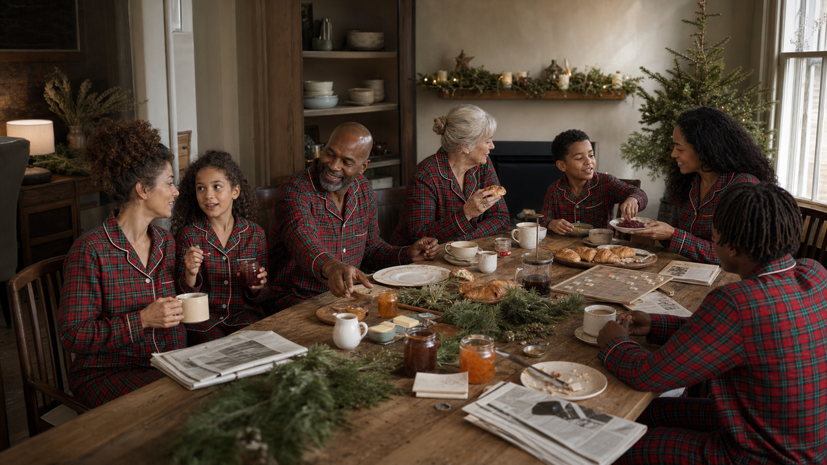 Multigenerational family in red and green plaid pyjamas around a long breakfast table