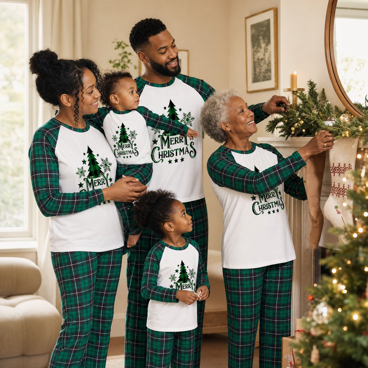 Black British family wearing evergreen Fir and Tartan matching Christmas pyjamas