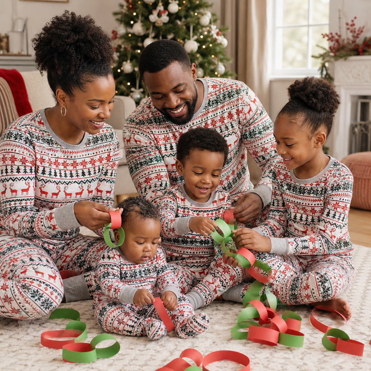 Black British family wearing Snowberry Parlour matching Christmas pyjamas while crafting